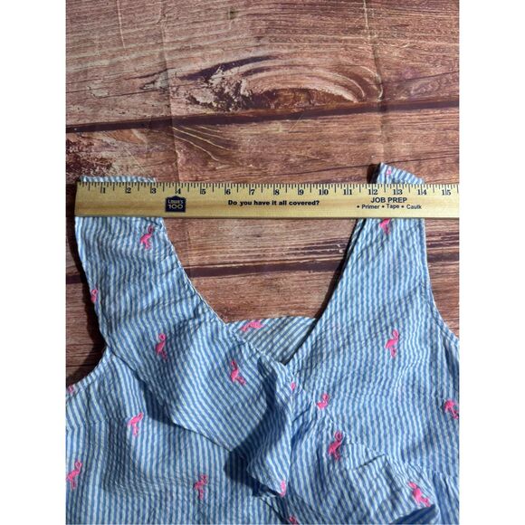 Crown & Ivy Women's Size Medium Blue Seersucker Sleeveless Top Pink Flamingo Emb - Picture 9 of 9